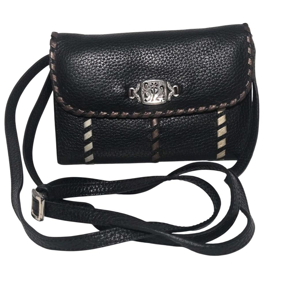 Vintage Brighton Black Leather Organizer Wallet Crossbody Purse Whipstitch